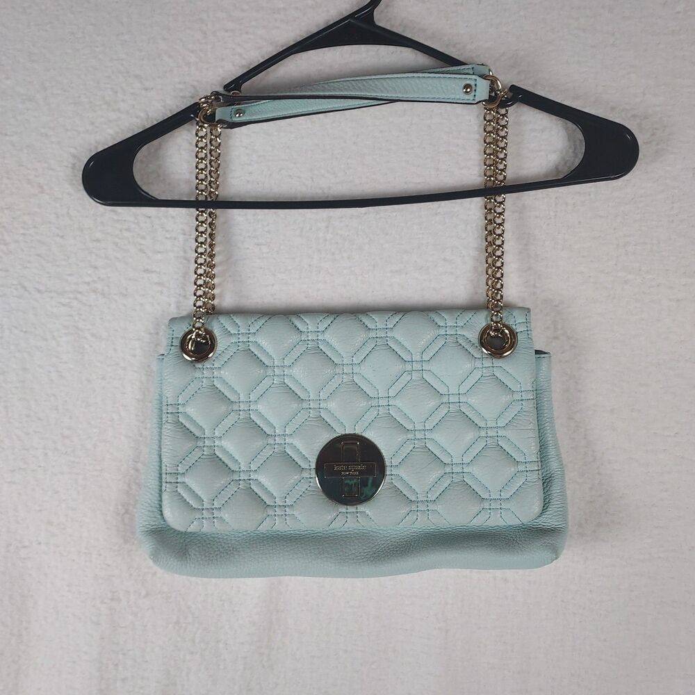 Kate Spade Quilted Pebbled Leather Turnlock Shoulder Bag Blue Gold Chain